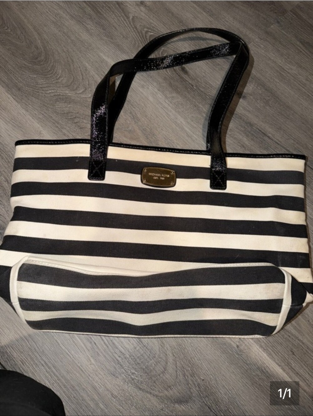 Michael Kors Black and White Striped Canvas Tote with Gold Plaque